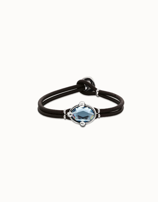 Pulsera de cuero y ba&ntilde;o en plata con cristal facetado ovalado azul